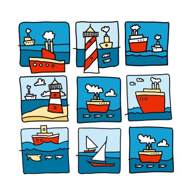 Deniz karikatür kroki. Tam boyutlu raster resim.