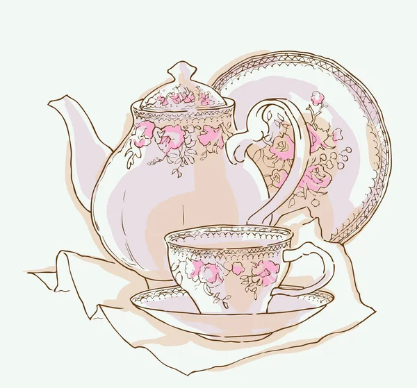 Hand made sketch of tea sets. Vector illustration. — Stock Vector