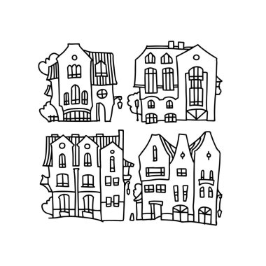 Komik renkli evler karikatür tarzı yaptı. Çizgi film evin cephe.