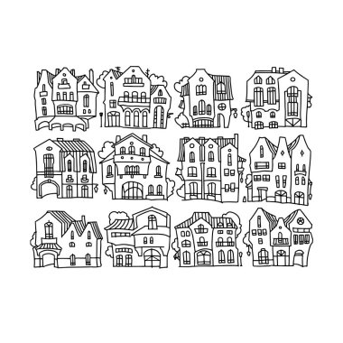 Komik renkli evler karikatür tarzı yaptı. Çizgi film evin cephe.