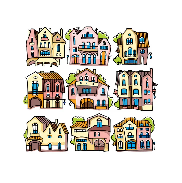 有趣的五颜六色的房子, 在卡通风格。卡通房子的门面. — 图库矢量图片