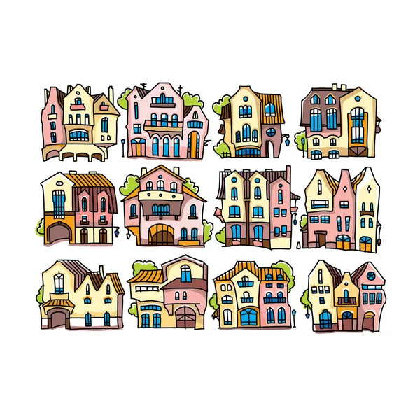 Funny colorful houses made in cartoon style. Facade of cartoon house. — Stock Vector