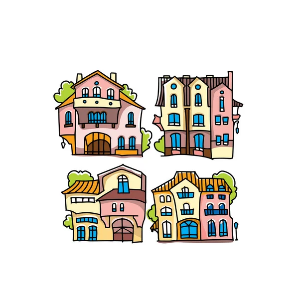 Funny colorful houses made in cartoon style. Facade of cartoon house. — Stock Vector