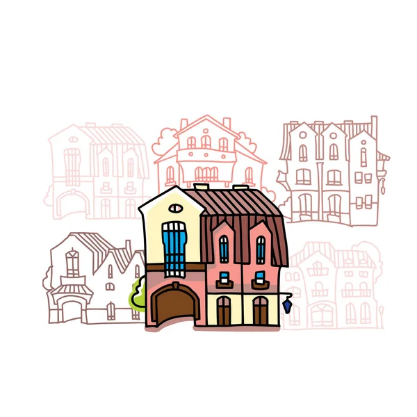 Casas coloridas engraçadas feitas em estilo cartoon. Fachada da casa dos desenhos animados . — Vetor de Stock