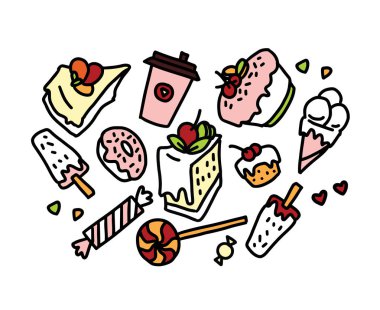 Çizim tatlılar pastalar, börekler, çörekler. Vektör çizim.