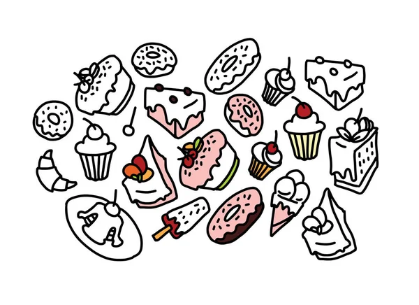 Dibujo de pasteles dulces, rosquillas, magdalenas. Dibujo vectorial . — Archivo Imágenes Vectoriales