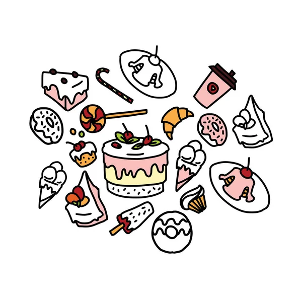 Dibujo de pasteles dulces, rosquillas, magdalenas. Dibujo vectorial . — Archivo Imágenes Vectoriales