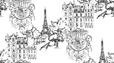 Paris illüstrasyon. Vektör çizimleri. Beyaz arka plan üzerinde izole. Seamless modeli