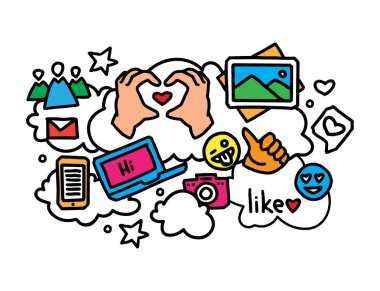 Sosyal ağlar illüstrasyon. İnternent simgeler. Çizilmiş vektör çizim el.