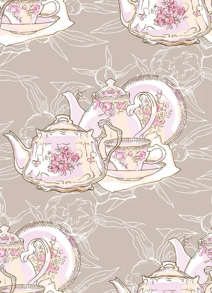Посуда, чайник, блюдце, чашка. Векторная иллюстрация. Бесшовный рисунок . — стоковый вектор