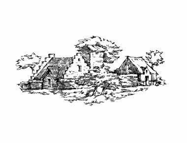 Kırsal çizim manzarası. Vektör illüstrasyon. Mürekkep el çizim manzara.
