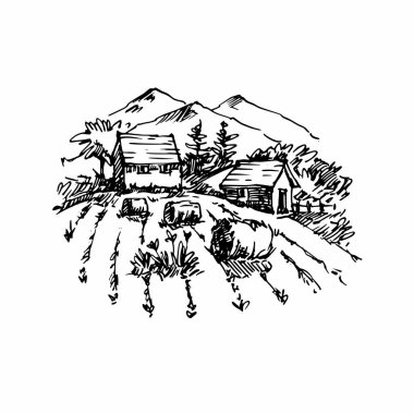 Kırsal skeç ve scape. Vektör illüstrasyon. Mürekkep el çizim manzara.