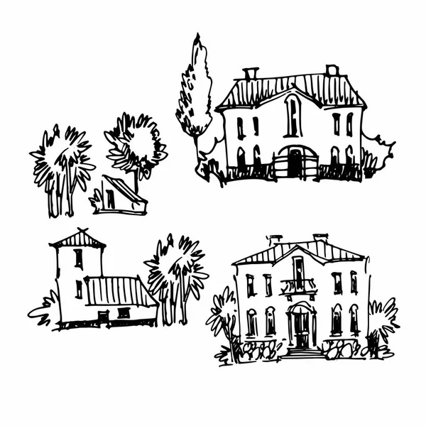 Petite ville lineart croquis paysage. Illustration vectorielle isolée . — Image vectorielle