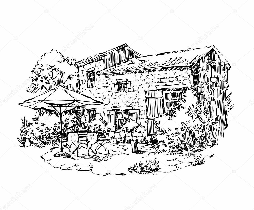 Rural house landscape. Fullsize raster artwork. Ind and pen illustration.