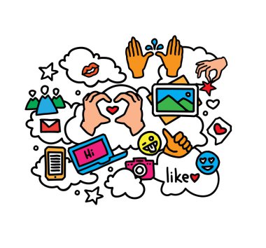 Sosyal ağlar illüstrasyon. İnternent simgeler. Çizilmiş vektör çizim el.