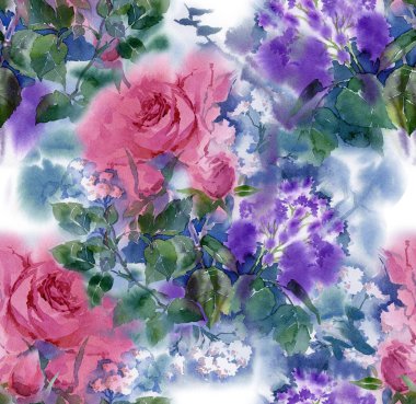 Çiçeksiz desen. El çizimi suluboya tarla çiçekleri.