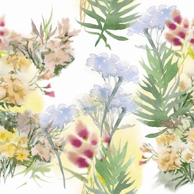 Çiçeksiz desen. El çizimi suluboya tarla çiçekleri.