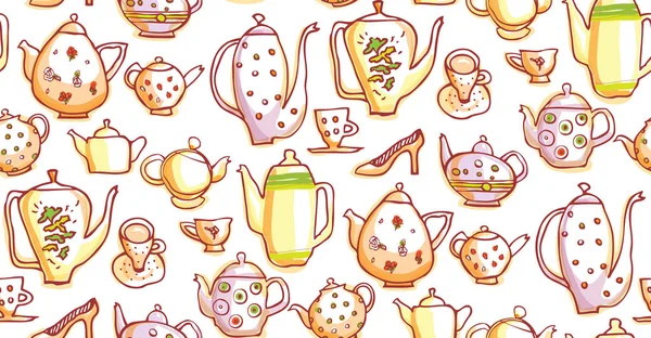 Teiera e tazze da tè disegno divertente. Illustrazione isolato . — Vettoriale Stock