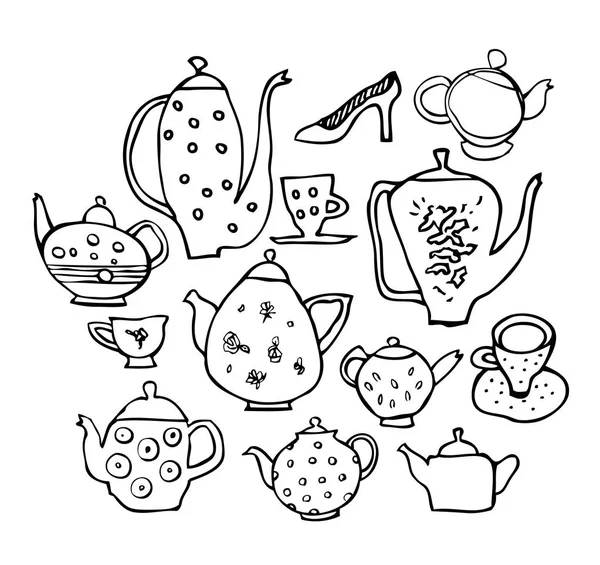 Teapot and Teacups funny drawing. Isolated illustration. — Stock Vector