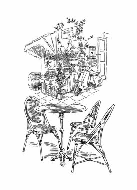 El yapımı eski sokağın çizimi. Çizgi sanatı vintage tarzı illüstrasyon.