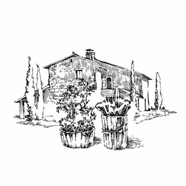 El yapımı eski sokağın çizimi. Çizgi sanatı vintage tarzı illüstrasyon.