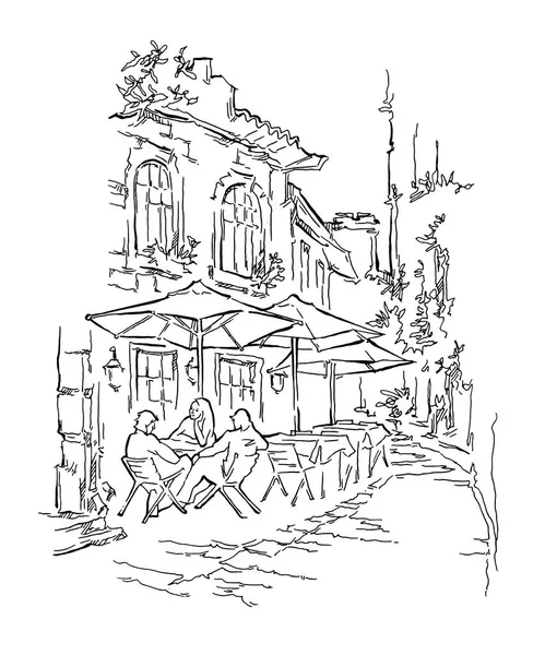 Café de la vieja calle. Dibujo vectorial hecho a mano . — Archivo Imágenes Vectoriales