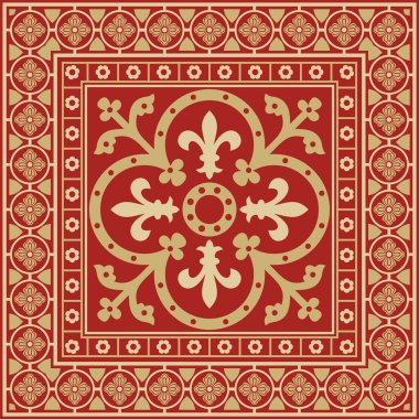 Vektör kırmızı ve altın kare gotik süs. Orta Çağ Avrupa dikdörtgeni, sınır. Klasik Almanların, Açılar, Saksonlar, Franklar.