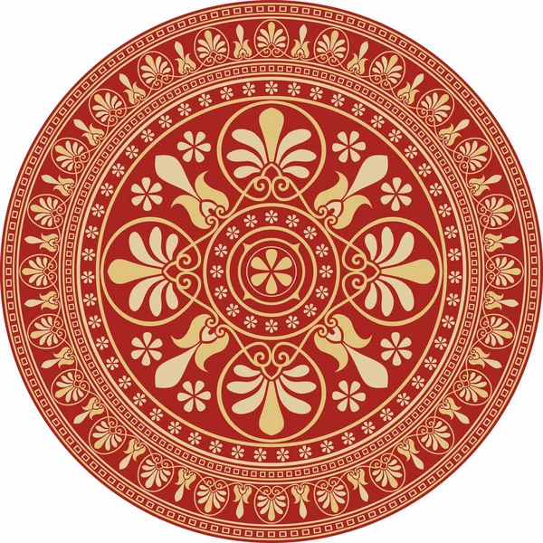 Kırmızı klasik Yunan yuvarlak süsü olan vektör altın. Antik Yunan ve Roma İmparatorluğu Çemberi. Bizans duvarları, zemin ve tavan resimleri. Avrupa saraylarının dekorasyonu