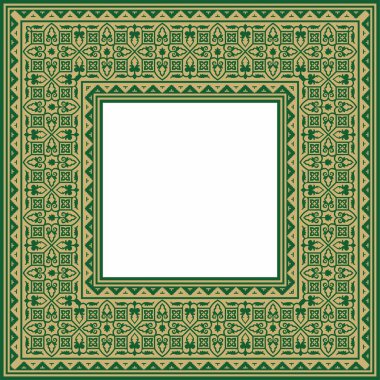 Yeşil kare klasik Bizans süslemeli vektör altın. Dikdörtgen, sınır, Antik Yunan, Doğu Roma İmparatorluğu çerçevesi. Rus Ortodoks Kilisesi Dekorasyonu