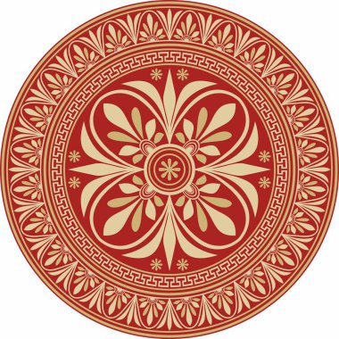 Kırmızı klasik Yunan yuvarlak süsü olan vektör altın. Antik Yunan ve Roma İmparatorluğu Çemberi. Bizans duvarları, zemin ve tavan resimleri. Avrupa saraylarının dekorasyonu