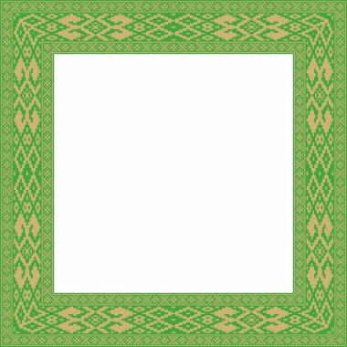 Vektör yeşil altın kare Belarus ulusal süs çerçevesi. Slav halkları, Rus, Ukraynalı, Sırp, Polonyalı, Bulgar etnik desenli dikdörtgen. Çapraz dikiş şablonu