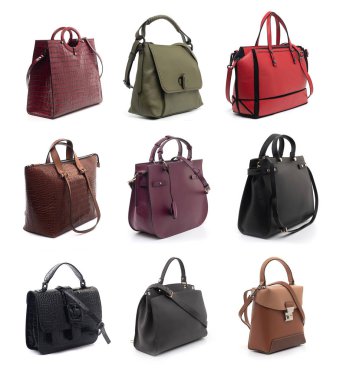 Beyaz arka planda izole edilmiş bir grup kadın deri çanta.