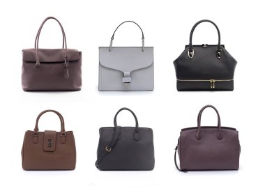 Beyaz arka planda izole edilmiş bir grup kadın deri çanta.