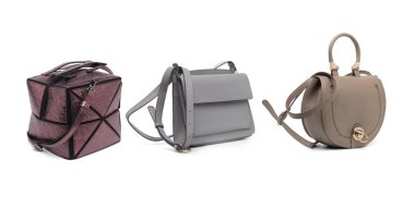 Beyaz arka planda izole edilmiş bir grup kadın deri çanta.