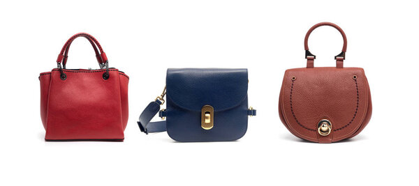 группа женщин кожаные сумки изолированы на белом фоне