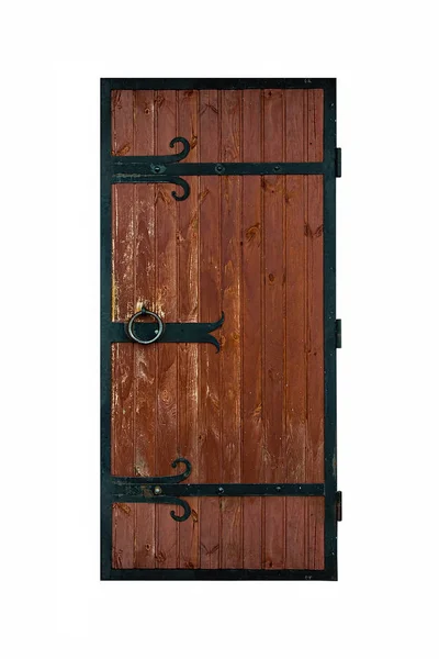 Porta in legno con inserti in ferro battuto nero isolati su fondo bianco . — Foto Stock