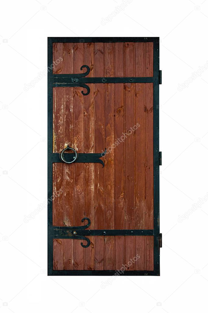 Wooden door with black wrought iron inserts isolated on white background.