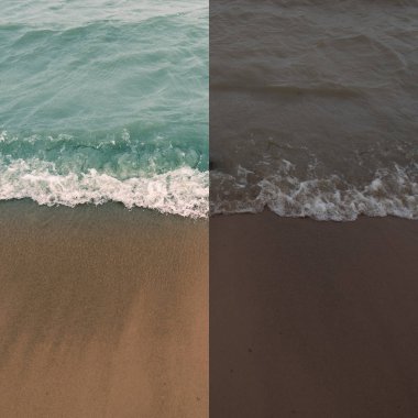 Kolaj iklim değişikliği. Deniz kirliliği. Temiz mavi su ve kirli deniz kahverengi tonlu.