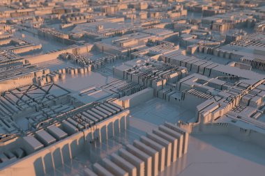 Soyut fütüristik şehir güneş ışığı ile aydınlatılmış. 3d illüstrasyon.