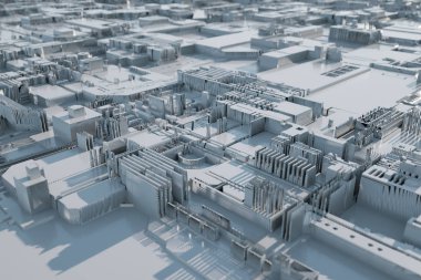 Soyut fütüristik şehir güneş ışığı ile aydınlatılmış. 3d illüstrasyon.