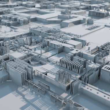 Soyut fütüristik şehir güneş ışığı ile aydınlatılmış. 3d illüstrasyon.