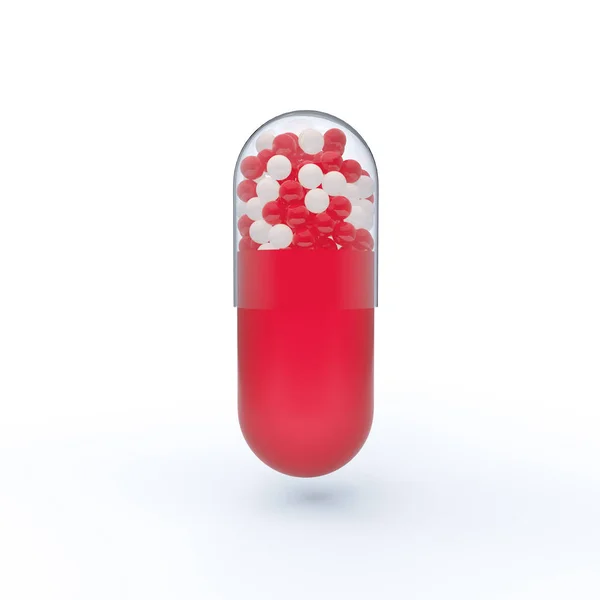 Röd kapsel tablett med röda och vita fraktioner inuti. 3D Render av ett piller. — Stockfoto