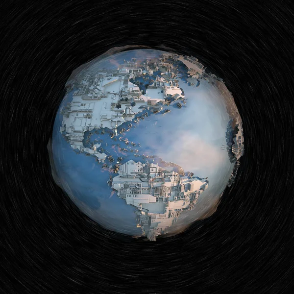 Μεγαλόπολις εναέρια θέα 3D απόδοση εικόνα στο διάστημα στο φόντο του σκοτεινού έναστρου ουρανού. Η αίσθηση της κίνησης στον ουρανό. — Φωτογραφία Αρχείου