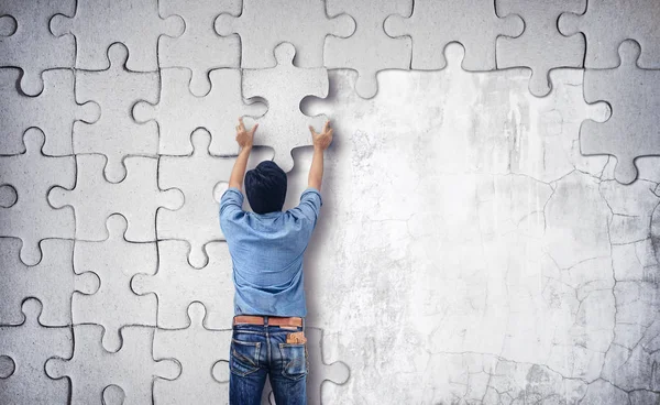 Man Making Puzzle Wall Empty Wall Space Text — Stock Photo, Image