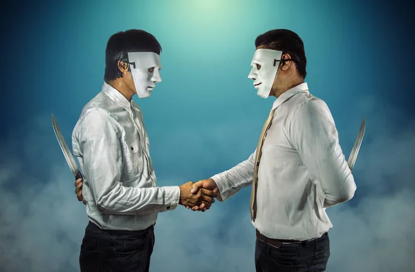 Two Masked Businessmen Shaking Hands Holding Knifes Backs — Stock Photo, Image