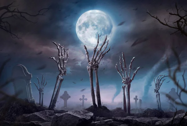 Zombie Skelett Steigt Dunkler Halloween Nacht Die Höhe — Stockfoto