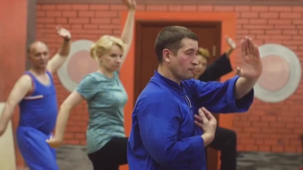 Grupa osób szkolenia martial arts w siłowni. 3 stycznia 2018, Syberii, Nowosybirsk, Rosja — Wideo stockowe
