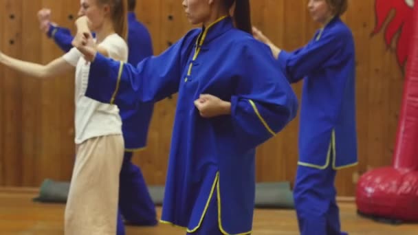 Grupo de personas que entrenan artes marciales en el gimnasio. 3 de enero de 2018, Siberia, Novosibirsk, Rusia — Vídeo de stock