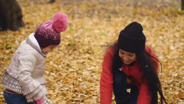 Mãe com bebê no parque de outono. Folhas amarelas nas mãos. Passeio de outono no parque . — Vídeo de Stock