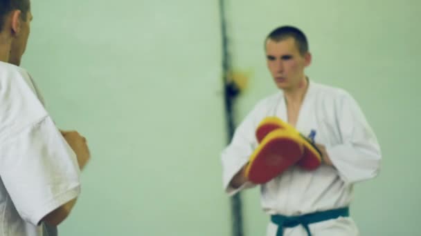 Rusko, Novosibirsk, 15 srpna 2018 A skupina lidí cvičí karate tahy uvnitř. Vytrvalostní trénink v karate — Stock video